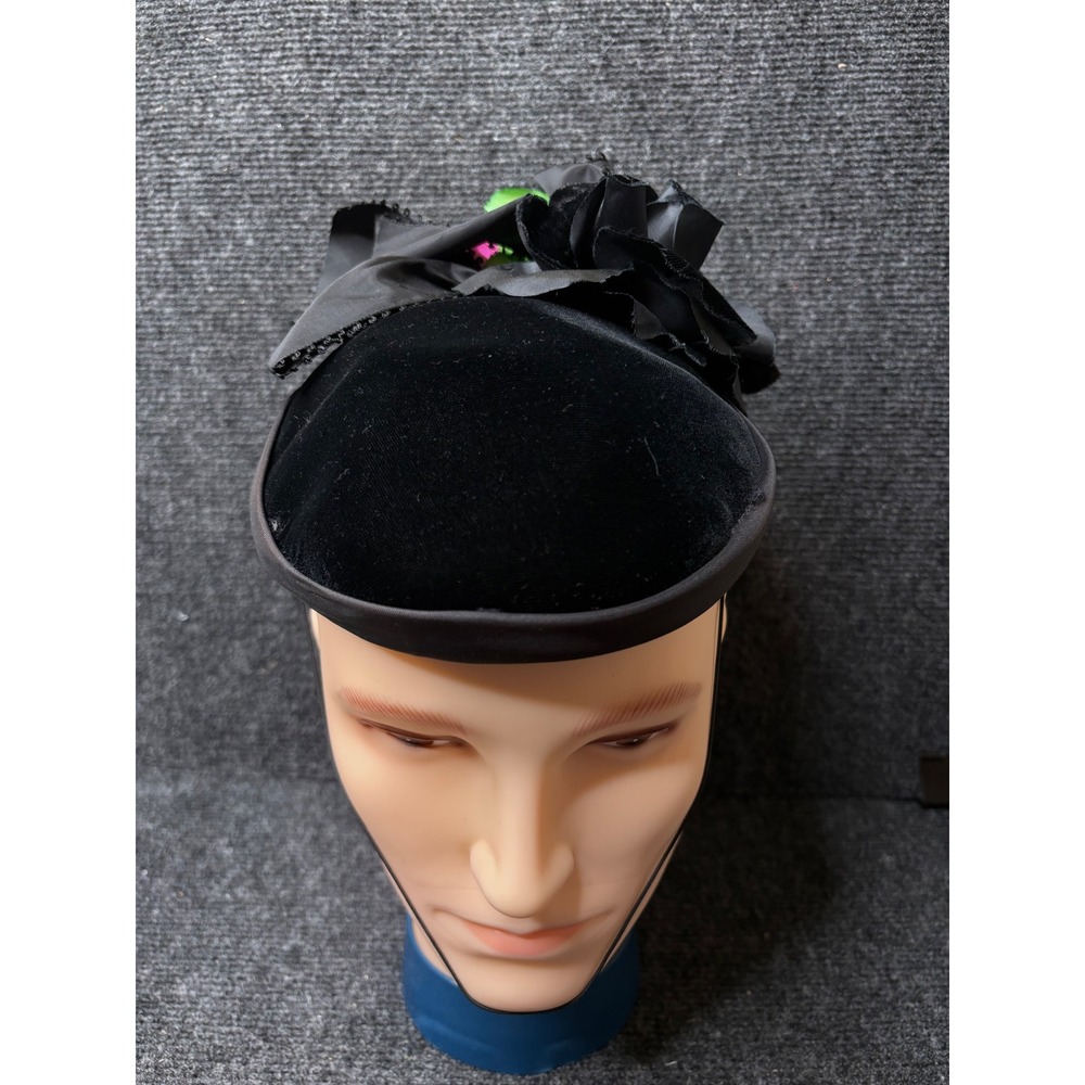 Plaza Suite Black Velvet Floral Cocktail Hat Fascinator Pillbox Satin Trim 3294